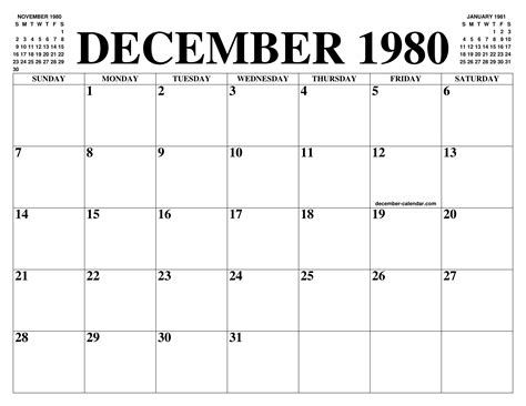 DECEMBER 1980 CALENDAR OF THE MONTH: FREE PRINTABLE DECEMBER CALENDAR ...