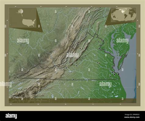 Virginia, state of United States of America. Elevation map colored in ...