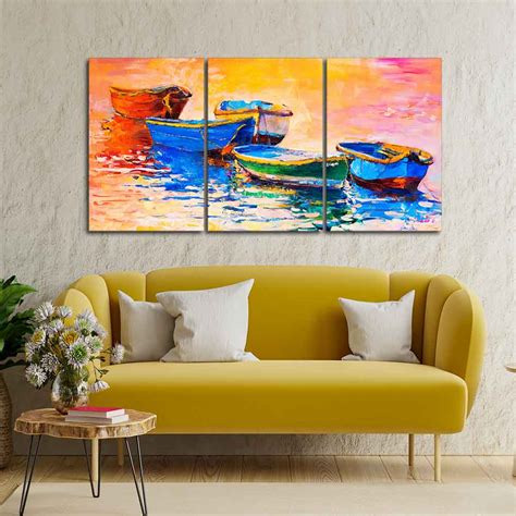 Premium 3 Pieces Wall Painting of Boats in Sunset – Decor Mantra