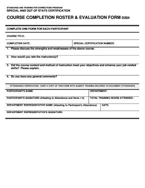 Fillable Online COURSE COMPLETION ROSTER EVALUATION FORM Fax Email ...