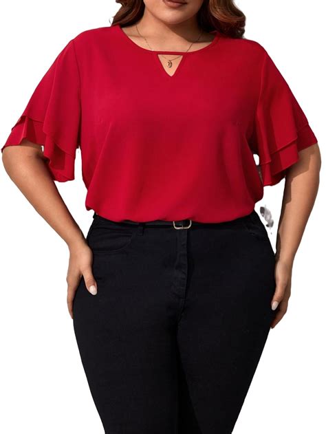 Casual Plain Keyhole Neckline Top Elbow-Length Red Plus Size Blouses ...