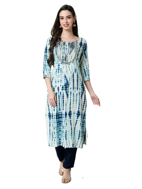 Buy rytras Rayon Women's Tie & Dye Embroidered Straight Kurta(Blue ...