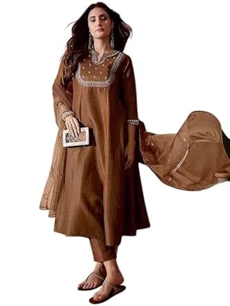 Buy Abhilasha Women’s Vichitra Silk Embroidered A-Line Kurta Set with ...