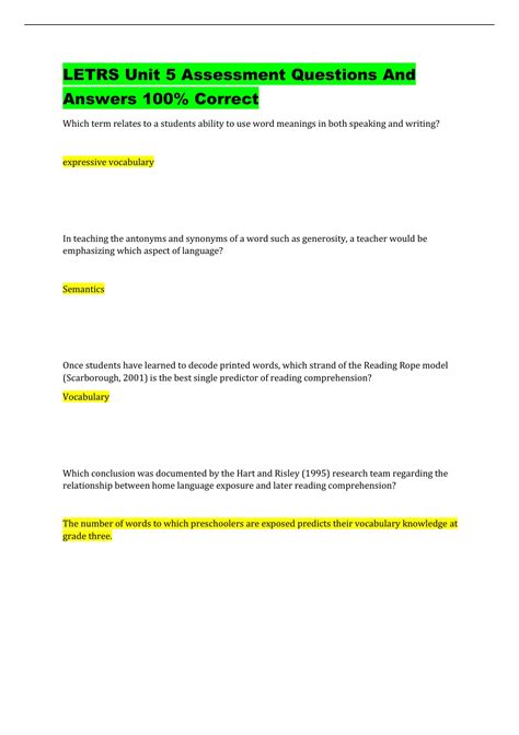 LETRS Unit 5 Assessment Questions And Answers 100% Correct - LETRS ...