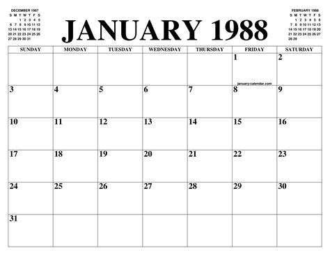 JANUARY 1988 CALENDAR OF THE MONTH: FREE PRINTABLE JANUARY CALENDAR OF ...