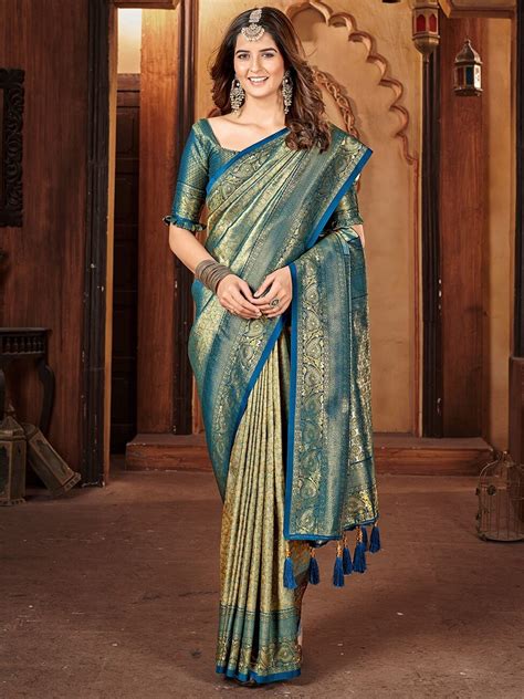 Women Gold Zari Woven Traditional Saree with Ethnic Motive Border Inddus.in