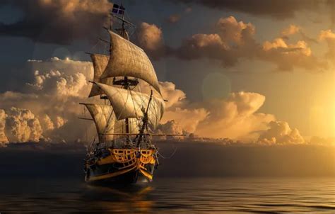 Download wallpaper sea, clouds, ship, sailboat, section rendering in ...