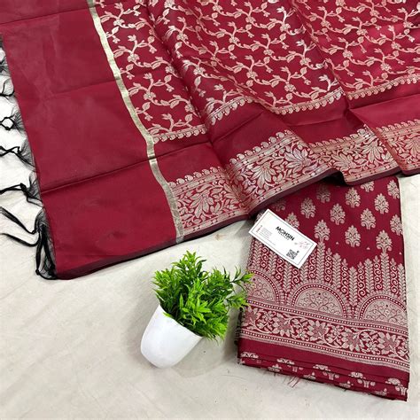 Maroon Frozen Tree Satin Silk Banarasi Suit – Mohsin Textiles