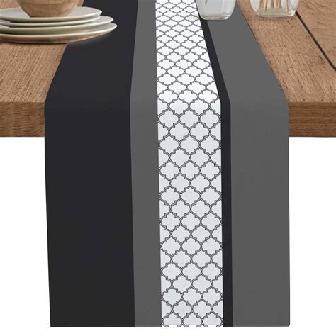 Black White Moroccan Trellis Table Runner-70 Inch Long Modern Stitching ...
