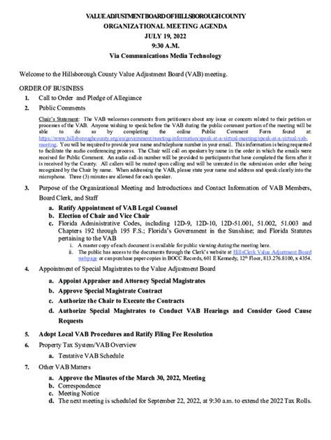 Fillable Online Value Adjustment Board (VAB) Agenda for 7/19/22 Fax ...