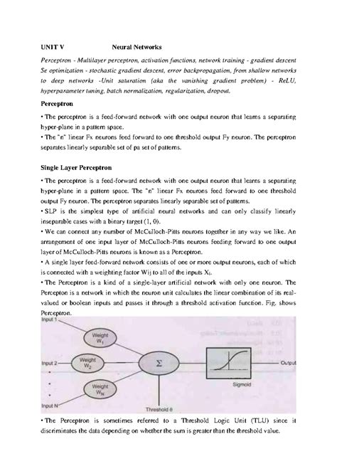 UNIT V - Neural Networks Lecture Notes: Perceptron & Activation ...