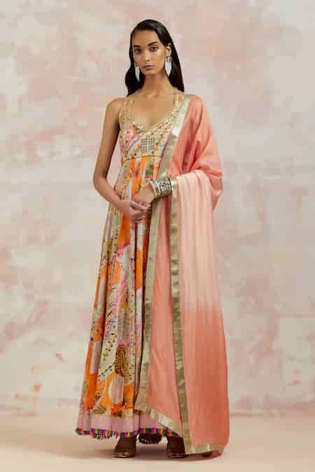 Buy Multi Color Silk, Rayon Cotton Abstract Halter Pattern Anarkali ...