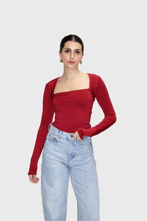 Red Square Neck Full Sleeve Top - Sway Top (Cherry)