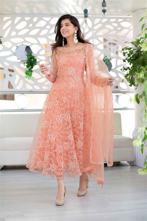 Buy Women's Peach Thread Work Anarkali Set - Label Shaurya Sandhya ...