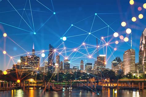 City skyline with digital network connections and glowing dots, representing managed IT services and technology solutions for businesses in Pennsylvania.