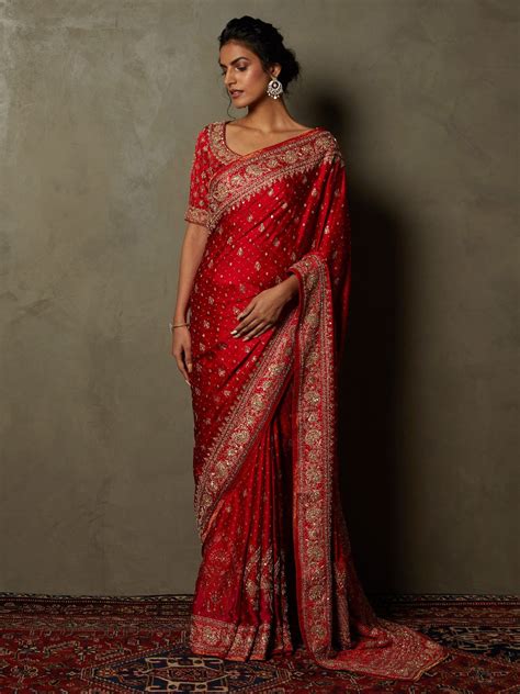 Ritu Kumar Red Jaya Floral Zardozi Embroidered Saree With Unstitched ...