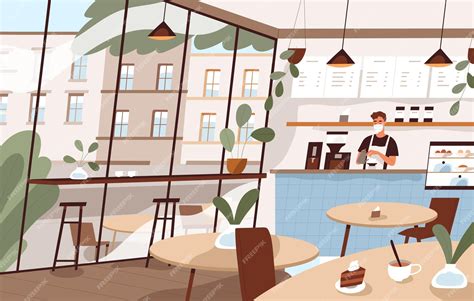 Premium Vector | Cafe interior with barista at counter. Coffee shop ...