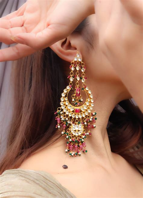 Yuvika Pink-Green Kundan Chaandbaali Earrings – Kaashnii
