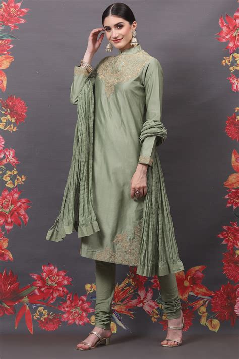 Buy Rohit Bal Jade Green Cotton Silk Straight Embroidered Suit Set ...