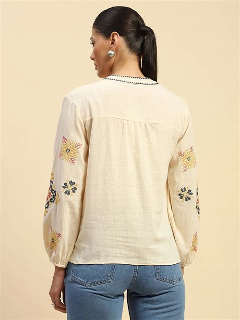 Cream Embroidered Cotton Loose Shirt