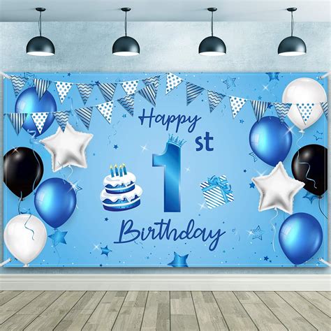 Blulu Happy 1St Birthday Backdrop Banner Blue Newborn Boys First ...