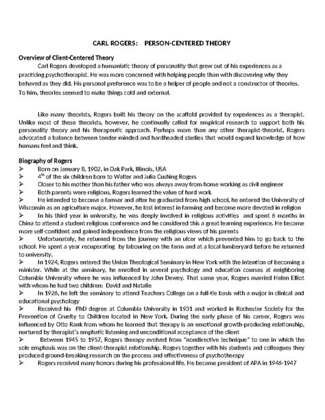 CARL Rogers Client Centered Theory handout 1 - CARL ROGERS: PERSON-CENTERED THEORY Overview of ...
