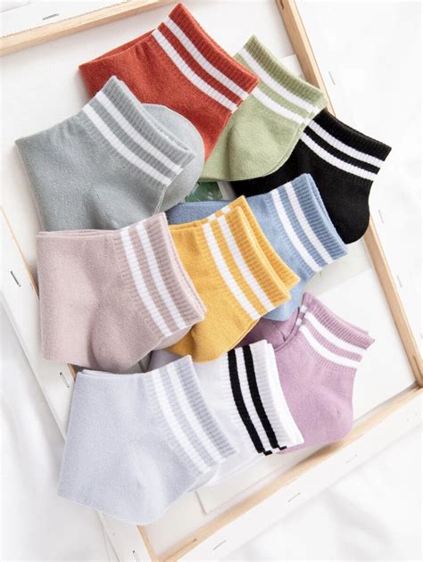 10 Pairs/20 Pairs Women's Striped Short Socks, All Season | SHEIN USA