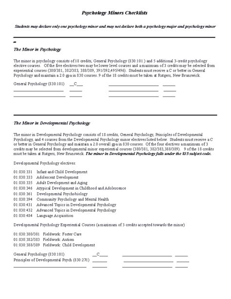 Psych minor checklists - Psychology Minors Checklists Students may declare only one psychology ...