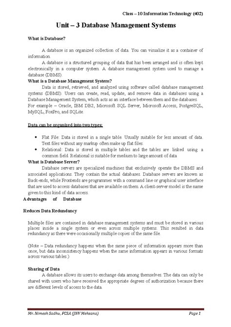 Unit - 3 Database Management Systems - Class – 10 Information ...