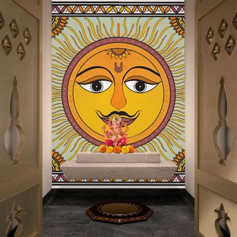 Surya Dev, Madhubani Sun Painting Wallpaper for Wall - Magicdecor®