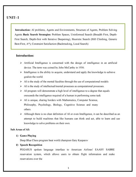 AI & ML Digital Notes - Introduction: AI problems, Agents and ...