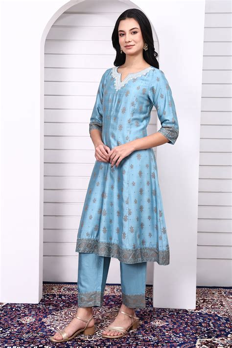 Buy Blue Abstract Printed Beads Jacquard Anarkali Kurta, Palazzo and ...