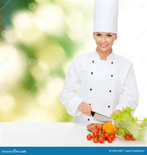 Smiling Female Chef Chopping Vegetables Stock Image - Image of person, organic: 43521089