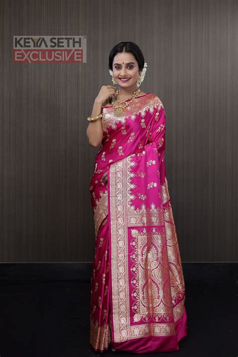 Deep Pink Floral Katan Banarasi Saree