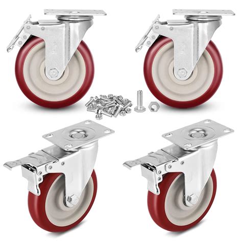 5" Swivel Casters Moogiitools Red Polyurethane Wheel with Brakes ...