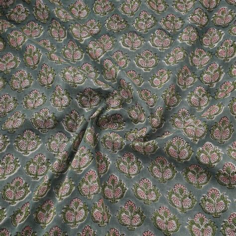 Green Pure Mul Cotton Hand Block Sanganeri Print Fabric
