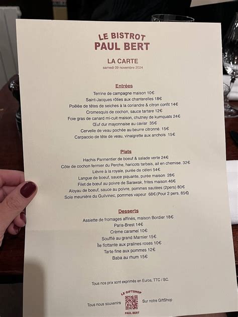 Menu au Bistrot Paul Bert restaurant, Paris