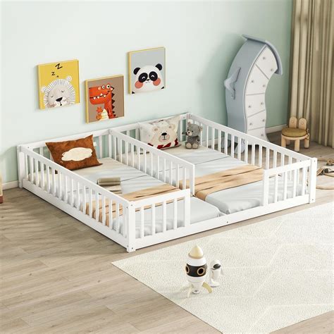 Luckiofvonne Floor Bed for 2 Kids, Montessori Bed Frame with Fence ...