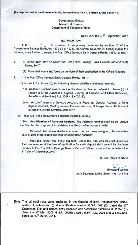 Inclusion of Aadhaar in Small Savings Schemes - Post Office Savings ...