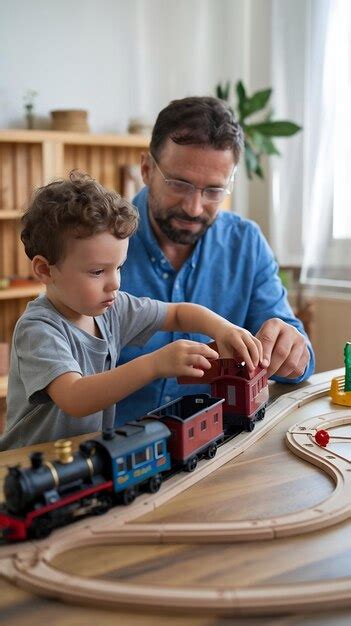 Son building toy train set with father at home | Premium AI-generated image