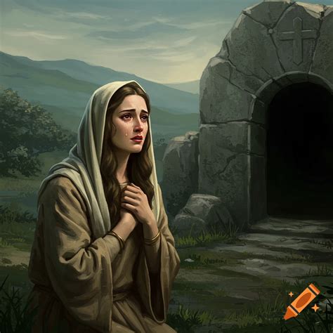 Mary Magdalen weeping at the empty tomb, painting on Craiyon
