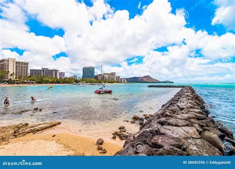 Waikiki Beach with Pier in Honolulu, Hawaii Editorial Photo - Image of ...