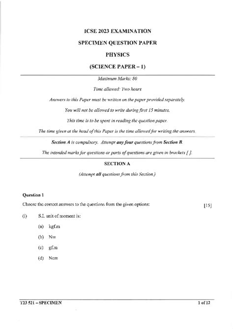 ICSE 2023 Specimen Science Exam Paper - SCI1 - Studocu