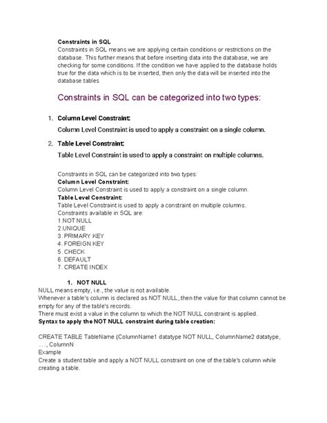 Integrity constraints - Constraints in SQL Constraints in SQL means we ...