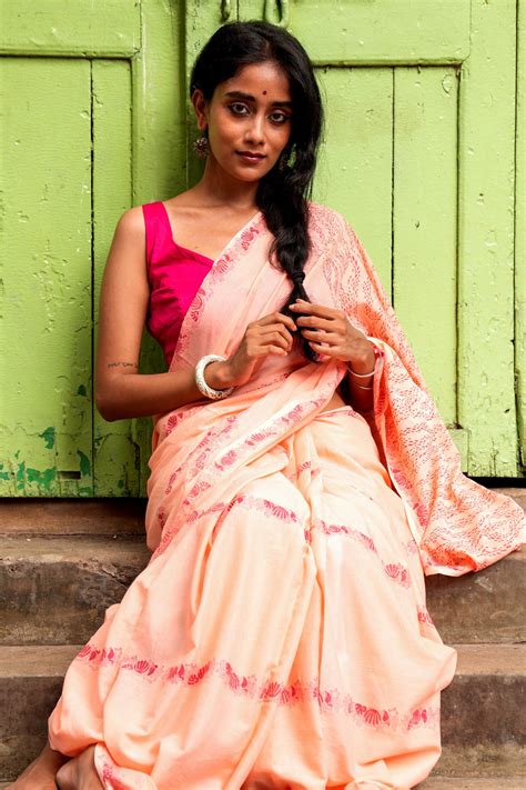 Sori • A soft peach saree with hand block printed motifs inspired by ...