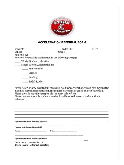 Fillable Online ACCELERATION REFERRAL FORM - Elgin Local Schools Fax ...