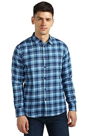 Urbano Fashion Men's Blue Cotton Full Sleeve Slim Fit Casual Checkered ...