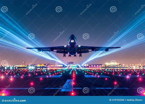 A Large Jetliner Soars through the Night Sky Above a Lit-up Airport Runway, Showcasing Its Power ...
