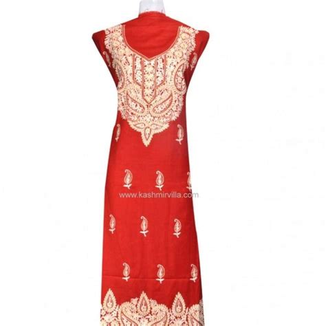 Maroon red colour woolen aari work suit with neckline pattern thread