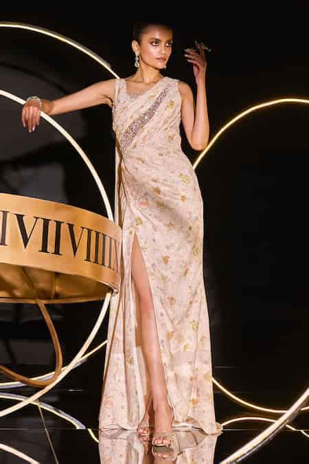 Buy Multi Color Tulle, Polyester Pearls, Crystals Astra Cosmic Print ...